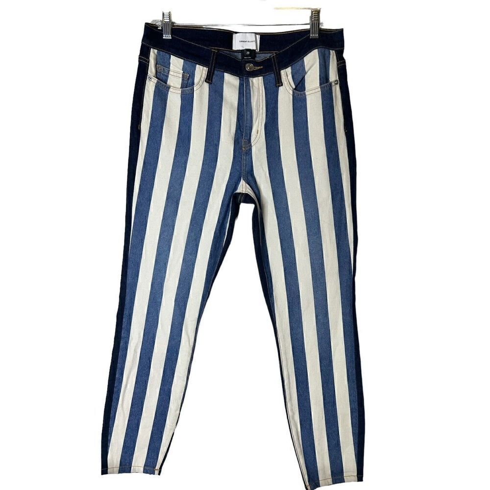 Current Elliott Women The High Waist Stiletto Jeans Vertical Stripes Blue Sz 29